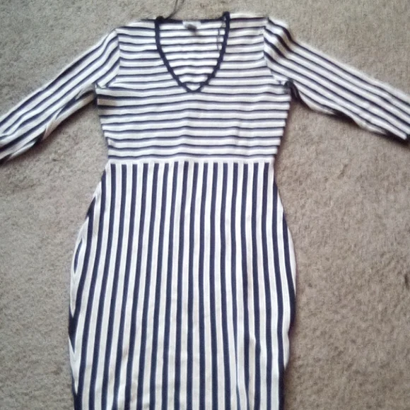 H & M Women Strips V Neck Formal Office Church Work party Boho Dance Dress - Picture 2 of 11